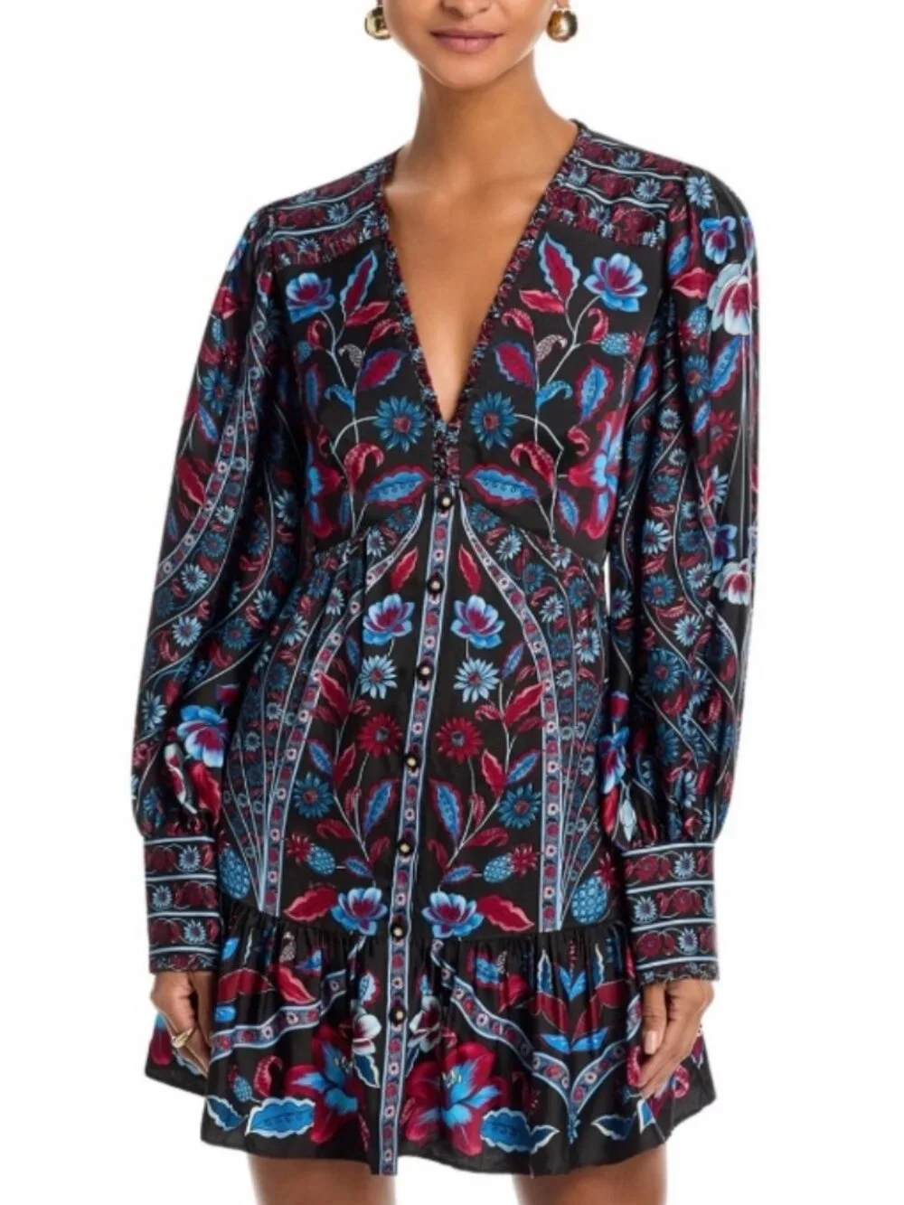 Farm Rio Marcelle Long Sleeve Blue/Black Mini Dress Medium NWT